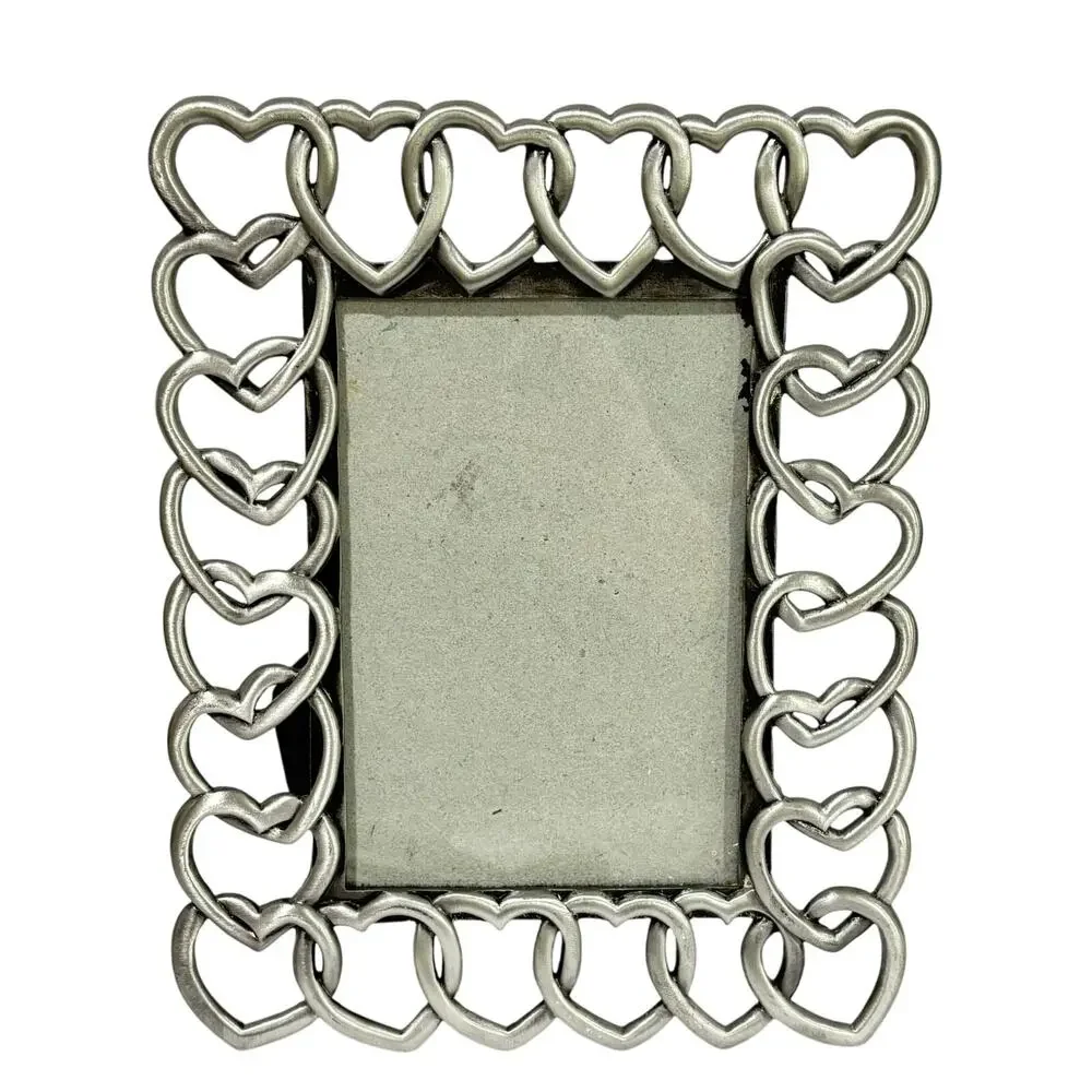 Pewter picture frame interlocking hearts photo holder silvertone metal 3.5